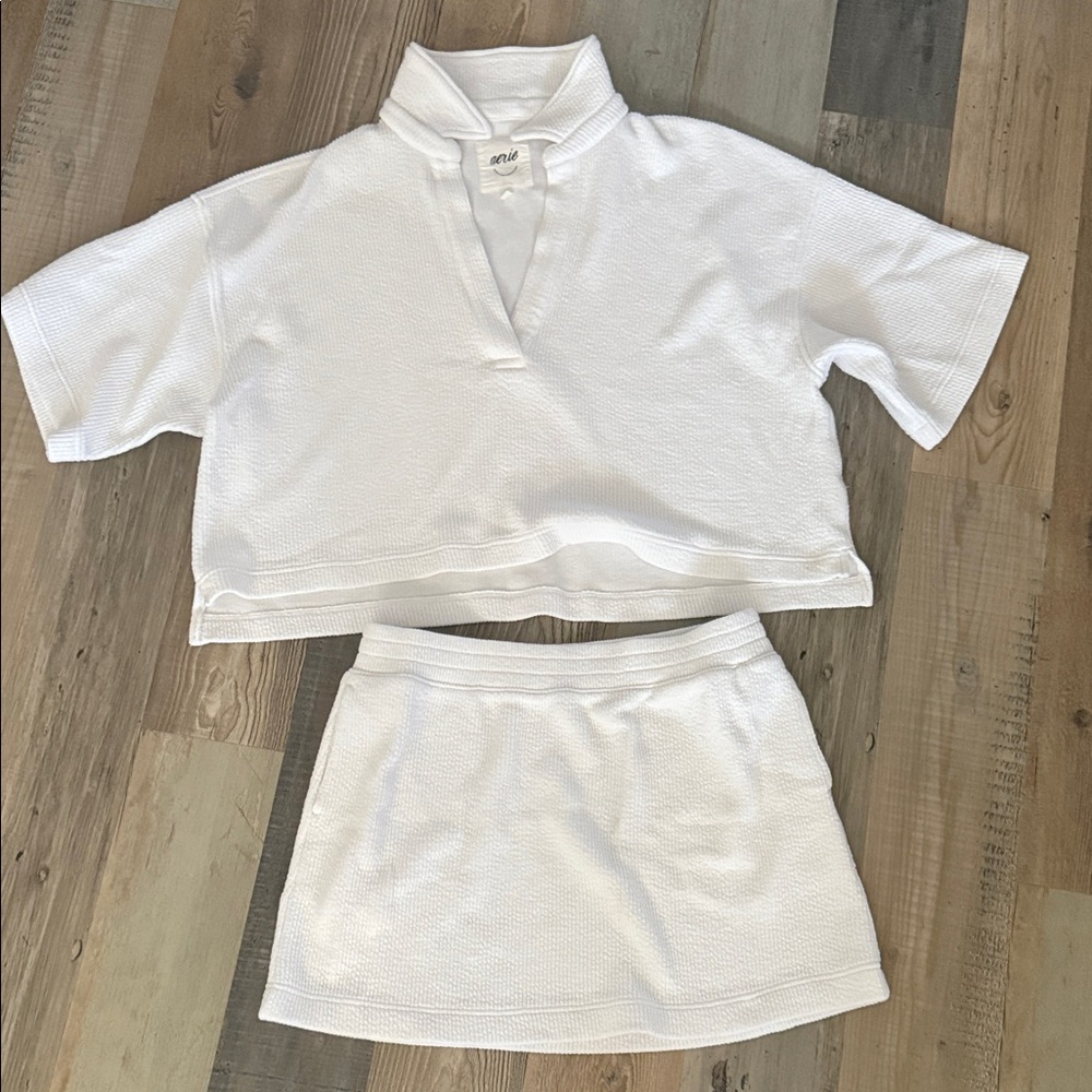 Aerie White Textured Two-Piece Set, collard Tee & mini skirt